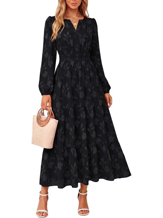 Dresses & Skirts - Women's Black Long Sleeve V Neck Elastic Waist A Line Imported Maxi Dress